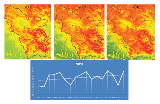 Սյունիքի մարզի տարածքի NDVI-ի ցուցանիշի դինամիկան ըստ MODIS տիեզերական լուսանկարների (2000-2016թթ.)