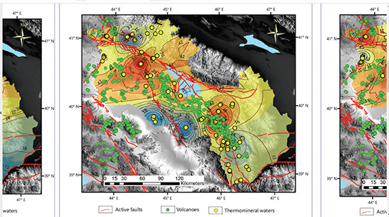 Геотермальные аномалии малого Кавказа на основе Si геотерометра. Отчетливо выделяются Джермук-Сюникская и Арзни-Анкаванская геотермальные аномалии